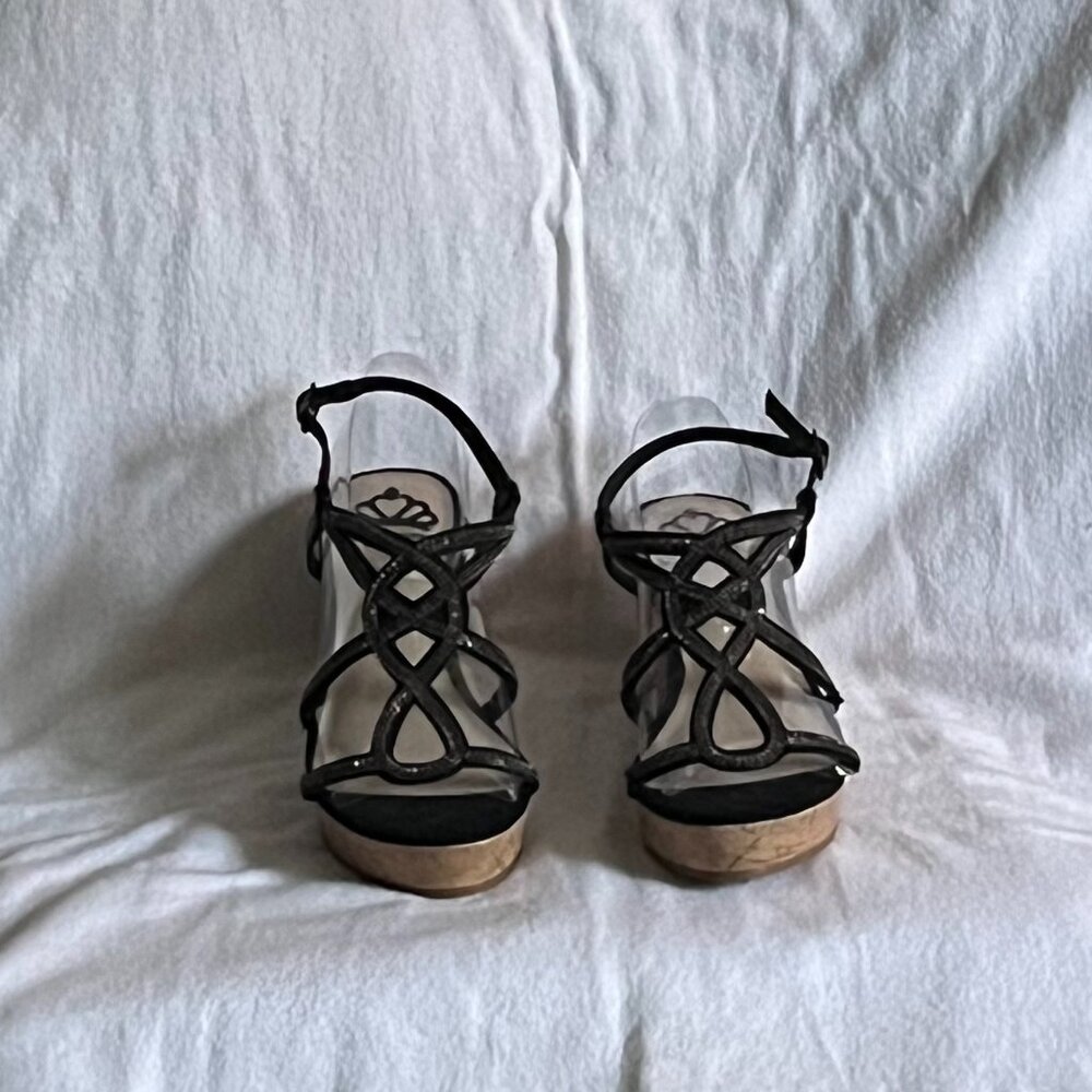 Feralious By Fergie Black Cork Wedge Sandals Shoes*